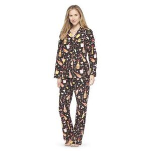 Nick & Nora Celebration Pajama SET Cotton Flannel Button Up Tie Waist Black XL